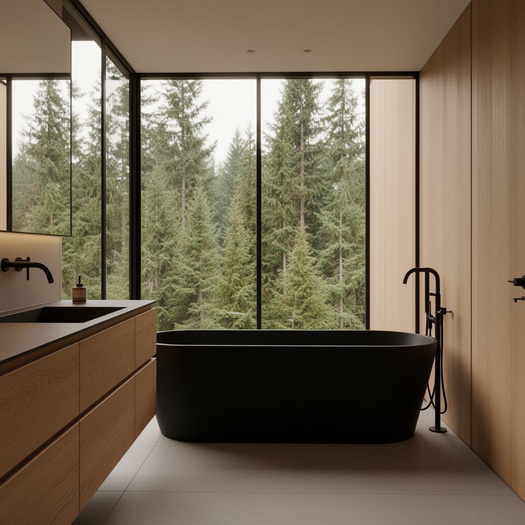Modern master bathroom with matte black fixtures and oak cabinetry overlooking a Pacific Northwest forest