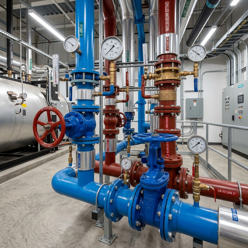 Commercial plumbing and industrial PVF warehouse showing steel pipes and fittings