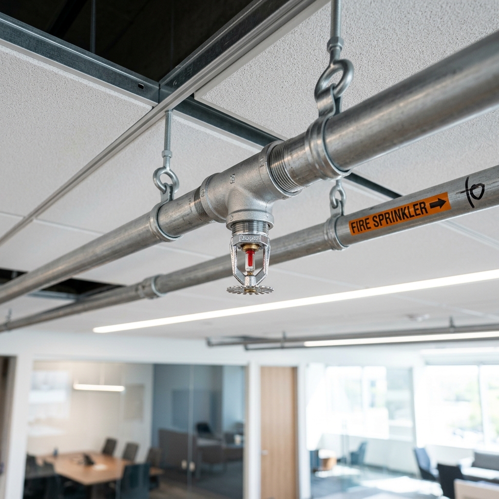 Commercial fire sprinkler system and red valves installation in a building mechanical room