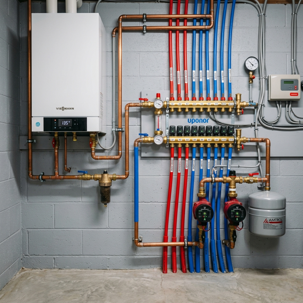 Commercial boiler room installation with energy-efficient hydronic heating equipment