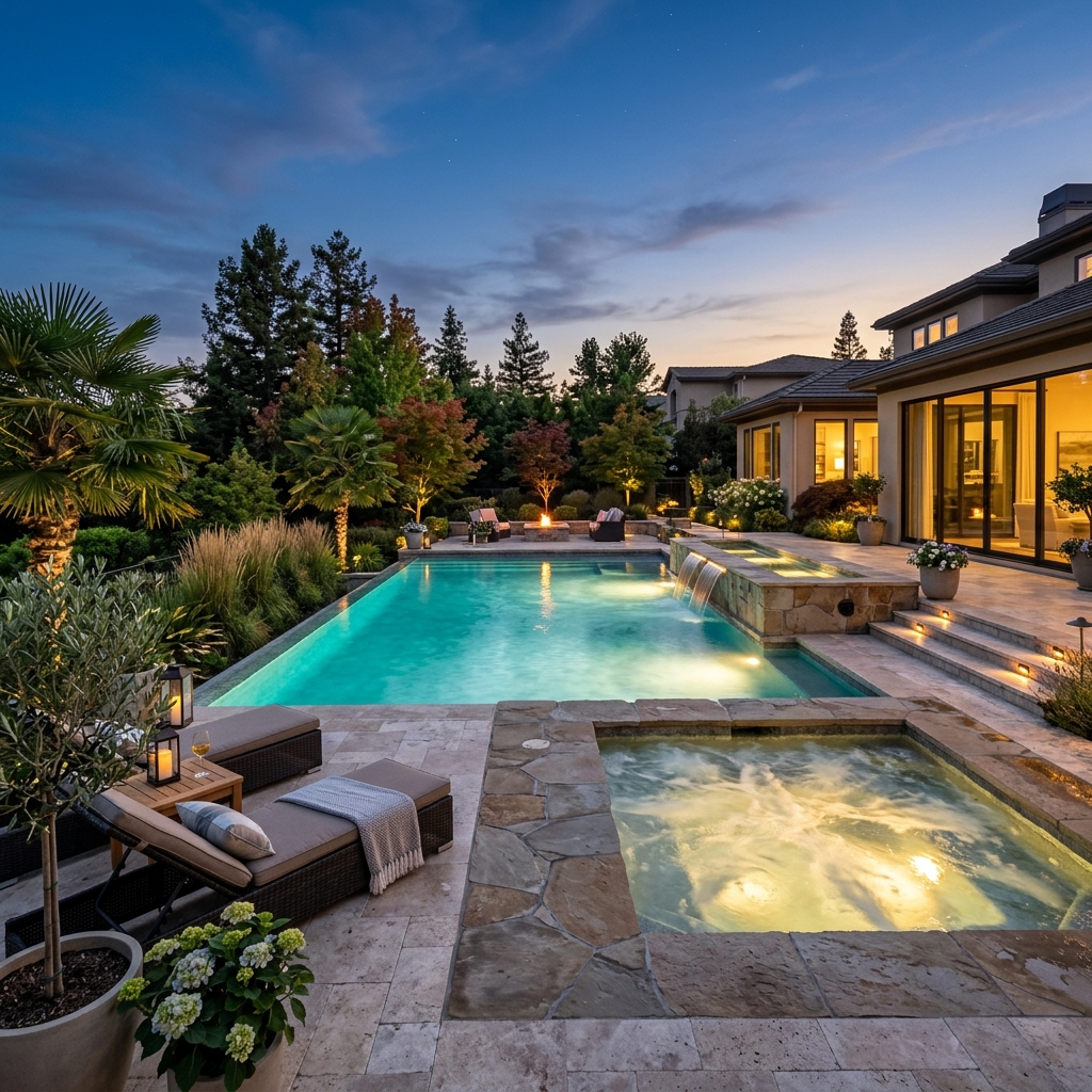 Luxurious outdoor swimming pool with water filtration and heating equipment showroom