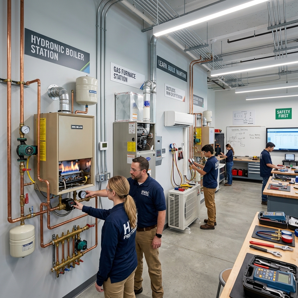 Professional contractors receiving hands-on HVAC and hydronic equipment instruction in a live training lab